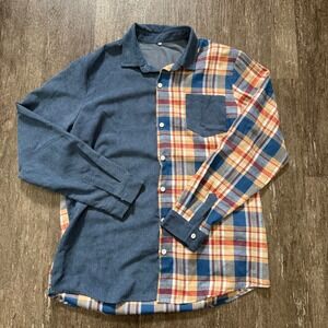 SHEIN Men's XL Corduroy Plaid Patchwork Long Sleeve Button Up Shirt NWOT